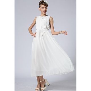 Swd Round Neck Large Hem Waisted Chiffon Dress (White)