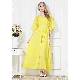 Swd Mesh Sleeve Waisted Vacation Dress (Yellow)