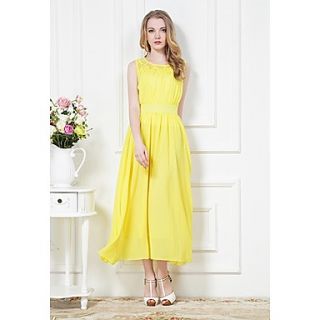 Swd Sleeveless Waisted Large Hem Vacation Dress (Yellow)