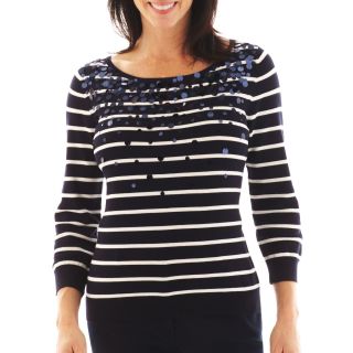 Lark Lane Striped Boatneck Sweater with Pailettes, White, Womens