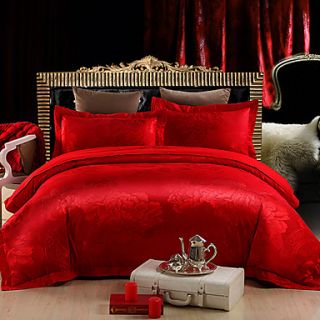 Mankedun Chinese Style Red Jacquard Silk Floss 4 PCS Set Bedding