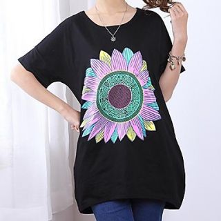 Womens Fashion Loose Color Lotus Print Short Sleeve T Shirt
