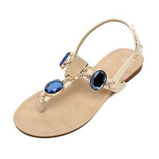 Leatherette Womens Flat Heel T Strap Sandals with Rhinestone and Buckle Shoes(More Colors)