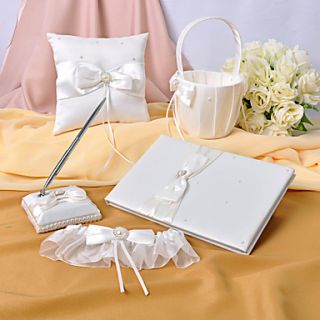 Ivory Satin Wedding Collection Set With Faux Peal Accents (5 Pieces)