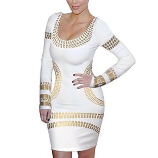 Womens Round Collar Celebrity Kim Egypt Gold Foil Print Long Sleeve Bodycon Dress