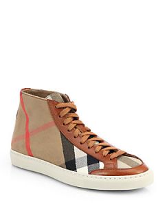 Burberry Montfords Check Leather High Top Sneakers   Tan