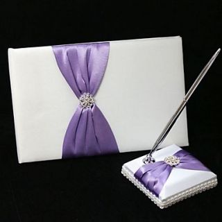 Wedding Guest Book And Pen Set In Satin With Lilac Sash And Rhinestone