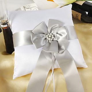 White Satin Ring Pillow With Silver Sash And Peal