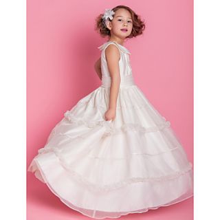 A line Jewel Neck Floor length Organza And Satin Flower Girl Dress With Buttons