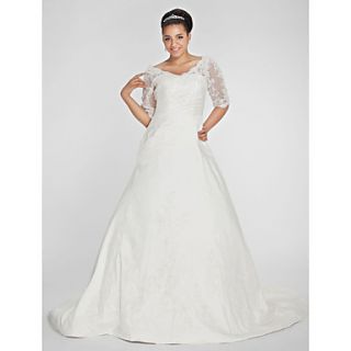Ball Gown V neck Chapel Train Taffeta Plus Size Wedding Dress