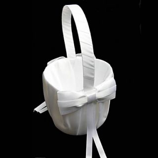 Flower Basket In White Satin With Bow