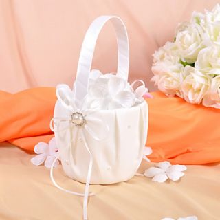 Flower Basket in Ivory Satin With Faux Pearl and Bow