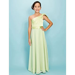 A line One Shoulder Floor length Chiffon Elastic Woven Satin Junior Bridesmaid Dress