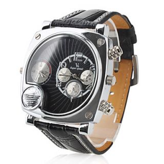 Mens Military Style Dual Time Zones Black PU Band Quartz Wrist Watch