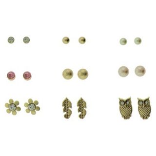 Womens Ball, Stone, Flower, Owl and Feather Stud Earrings Set of 9  