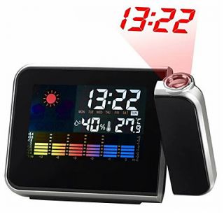 Weather Station Digital Alarm Clock Calendar Thermometer Hygrometer Time Projector (Black, 2xAAA) #