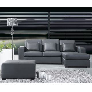 Black Leather L shape Corner Sofa With Ottoman