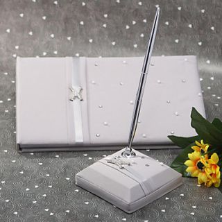 Platinum Satin Wedding Guest Book and Pen Set