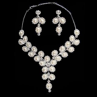 Sparkling Pearl Ladies Necklace and Earrings Jewelry Set (45 cm)