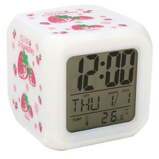 Strawberry Pattern Colorful Light Digital Alarm Clock Calendar Thermometer (White, 4xAAA)
