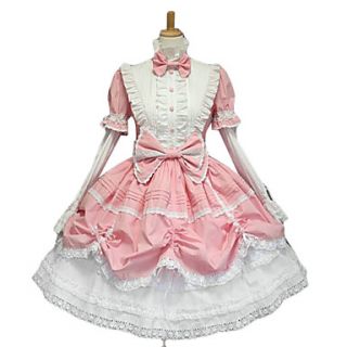 Long Sleeve Puff Sleeve Knee length Pink White Sweet Lolita Dress with Cute Bow