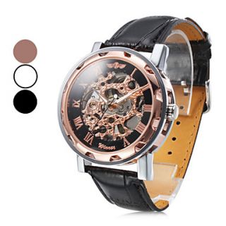 Mens Automatic Mechanical Hollow Case PU Band Analog Wrist Watch (Assorted Colors)