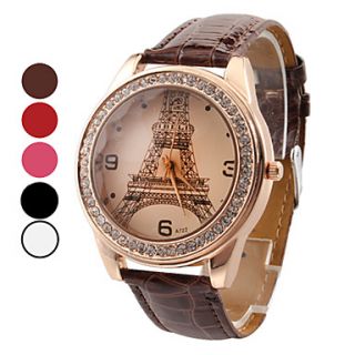 Womens Eiffel Tower Pattern Gold Case PU Band Quartz Analog Wrist Watch (Assorted Colors)