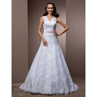Free Custom measurements A line V neck Court Train Lace Wedding Dress With Removable Belt