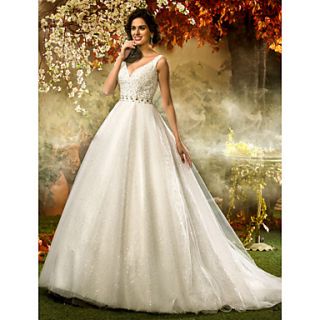 A line Princess V neck Tulle And Sequined Wedding Dress(519022)
