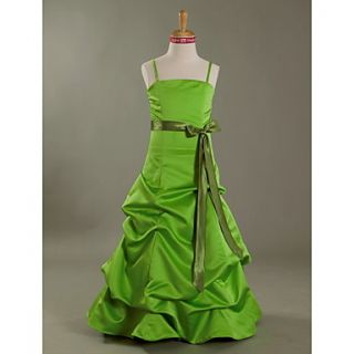 A line Spaghetti Straps Floor length Satin Junior Bridesmaid Dress With Pick Ups Skirt