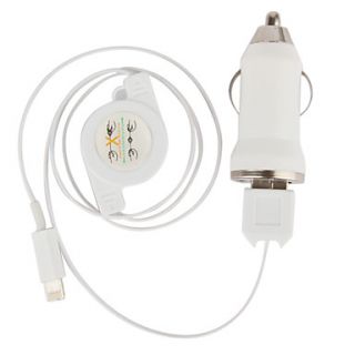 Tiny Car Charger with Retractable Apple 8 Pin Cable for iPhone 5,iPod (DC12 24V,1A)