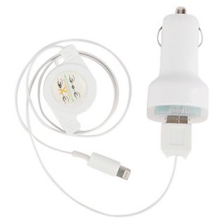 LED Indicator Dual USB Port Car Charger with Retractable Lightning Cable for iPad Mini,iPhone 5,iPad 4 (DC12 24V,2.1A)