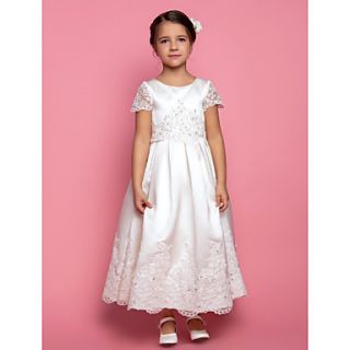 A line Princess Jewel Ankle length Appliques Satin Flower girl Dress