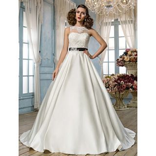A line Princess Bateau Scalloped Edge Floor length Satin and Lace Wedding Dress (579738)