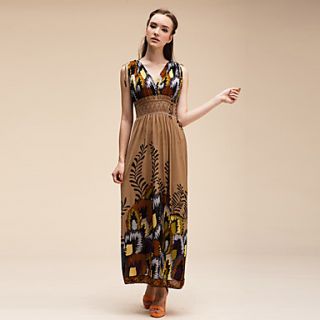 Womens Deep V Neck Leaf Print Splicing Maxi Dresses