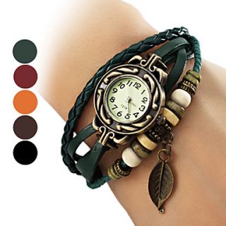 Womens Leaf Style Leather Band Quartz Analog Bracelet Watch (Assorted Colors)