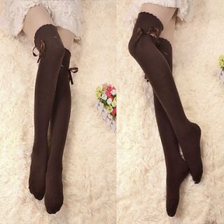 Brown Ribbon Cotton School Lolita Over Knee Socks