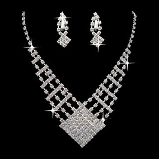 Beautiful Square Silver Alloy Rhinestone Earrings And Necklace