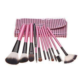 11PCS Pink Handle Cosmetic Brush Set With BlackPink Check Leather Pouch