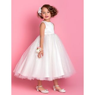 A line Princess Jewel Tea length Tulle And Satin Flower Girl Dress (733996)