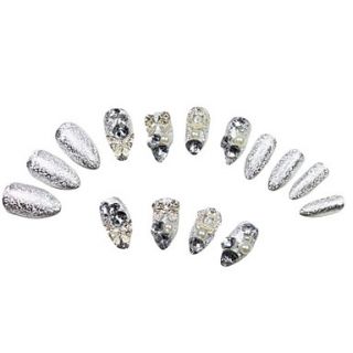 24 PCS Bowknot Crown Butterfly Rhinestone Studded Nail Tips Silver With Glue