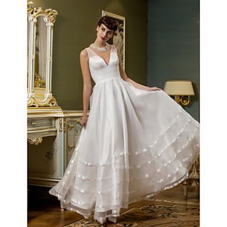 A line V neck Ankle length Organza And Tulle Wedding Dress