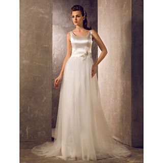 A line Princess Scoop Floor length Tulle And Stretch Satin Wedding Dress (783891)
