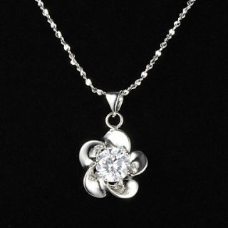 Delicate Sterling Silver With White Crystal Flower Shaped Pendant Womens Necklace