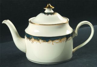 Minton Grosvenor Teapot & Lid, Fine China Dinnerware   Green Band W/ Gold  Flora