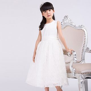 A line Princess Jewel Tea length Satin and Tulle Flower Girl Dress