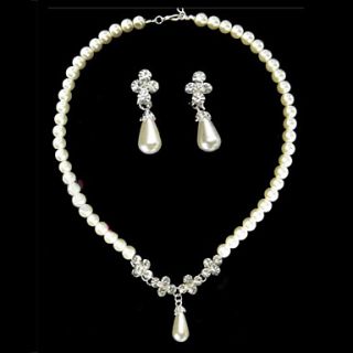 18K Alloy Pearl Necklace with Earrings Set (White)