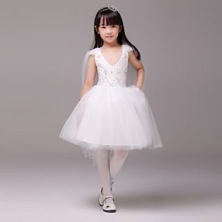 A line Princess V neck Knee length Satin and Tulle Flower Girl Dress