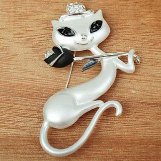 White Dancing Kitty Cat with Rose Brooch Pin