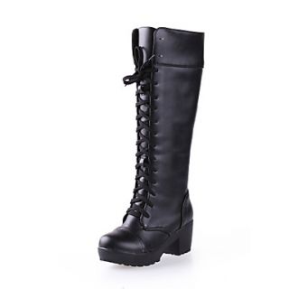 Faux Leather Chunky Heel Knee High Boots Casual Shoes(More Colors)